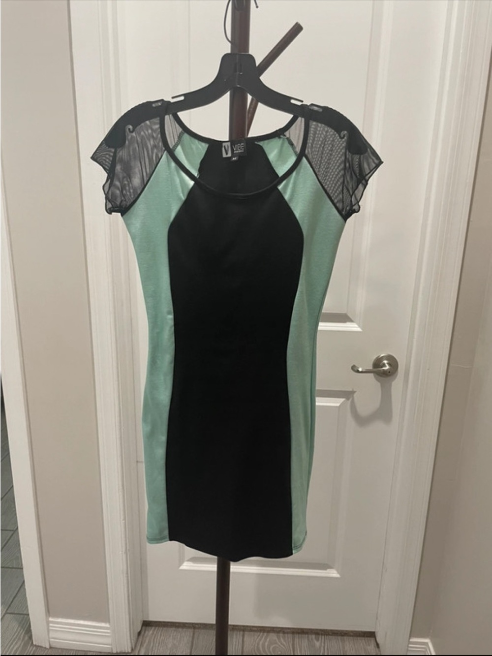 Vibe Mint Green & Black Mesh-Shoulder Bodycon Midi Dress